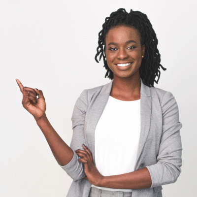 Black Business Lady Pointing Finger At Empty Space On White