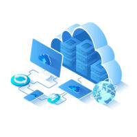 Cloud Technology. Big data processing center, cloud database, connecting information, storage, hosting. Isometric illustration