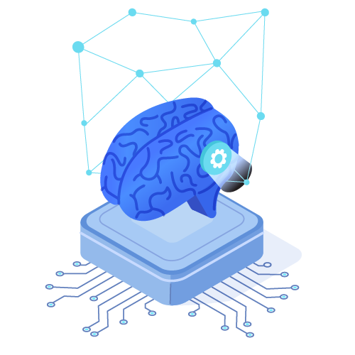 Graphic to represent AI concept that features a brain atop a box with data points departing from two sides.