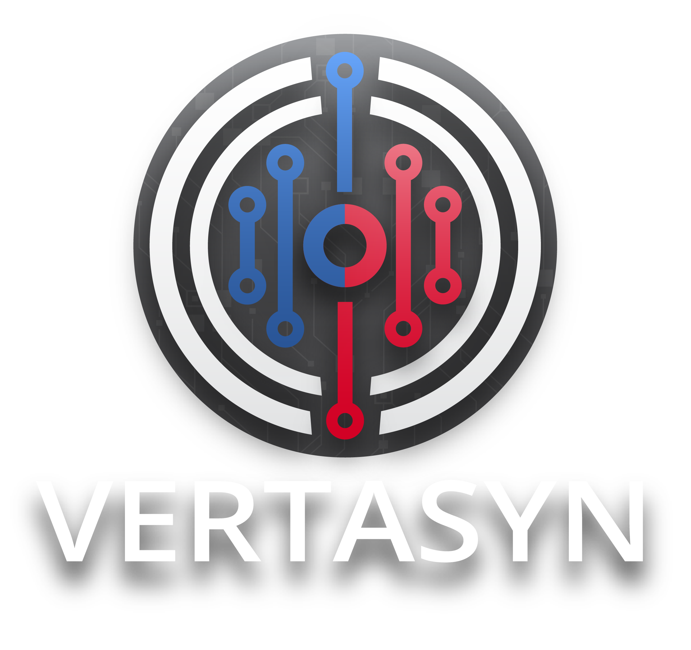 Logo for digital twin platform, Vertasyn that features a white outer circle and vertical technology lines in the center that are half blue and half red.