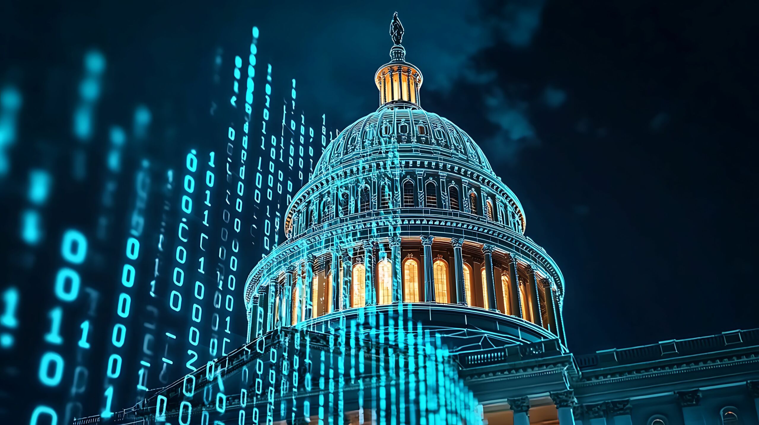 Capitol building, government, stock market. A digital representation of a government building, featuring binary code, symbolizing technology and data in politics.