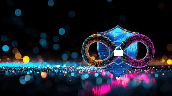 DevSecOps header graphic@0.5x DevSeOops concept art featuring an infinity symbol in front of a shield