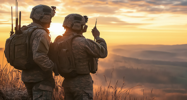 PR Thumbnail Sev1Tech announces Army contract win. Image denotes two soldiers atop a hill using radio to communicate.