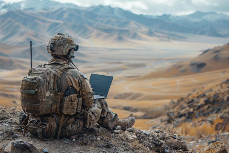 In a stunning landscape, a camouflaged soldier sits with a laptop amidst rolling mountains, possibly coordinating or communicating