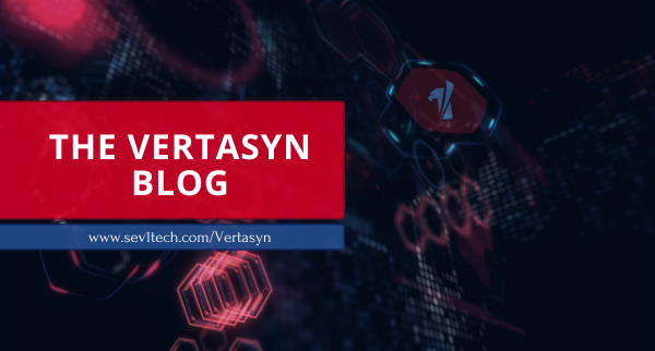 Red box centered and aligned left has the text "The Vertasyn" blog inside with a blue bar underneath that has the text "www.sev1tech.com/vertasyn." The background is dark and features abstract red and blue shapes in a 3D fashion and a distinct white eagle icon.