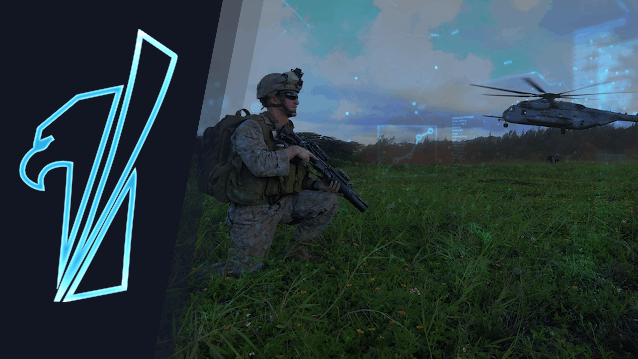 PR thumbnail for contract win to provide IT Modernization services to the U.S. Marine Corps. Two thirds of the image show a squad leader kneeling in the grass to provide security for a helicopter that is landing. the other third is a solid blue background with the outline of a simple eagle in bright blue.